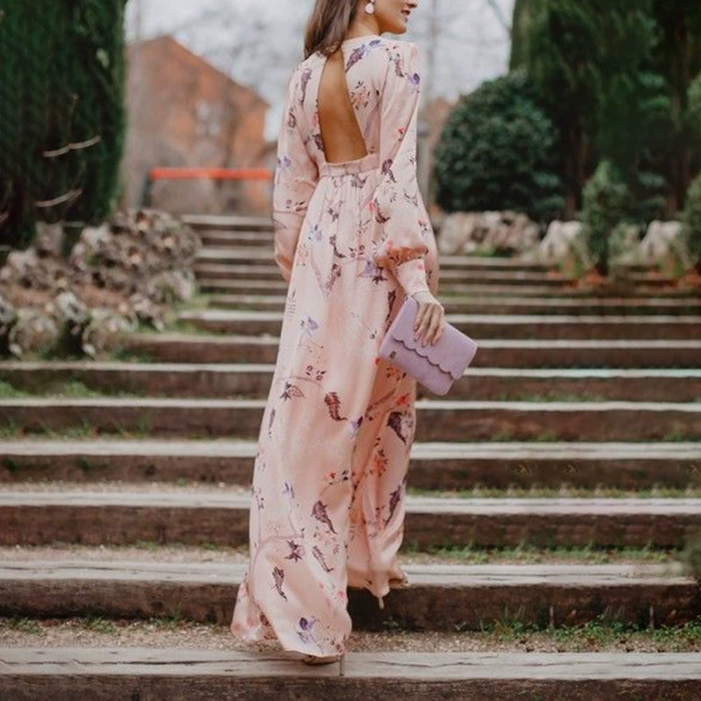 ZARA Elegant Printed Mid Waist Pink Backless Work Dress for Women